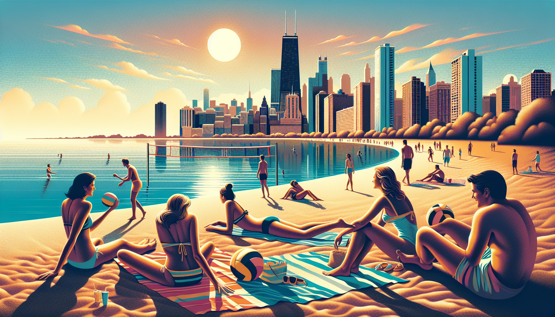 Illustration of Oak Street Beach with the Chicago skyline in the background