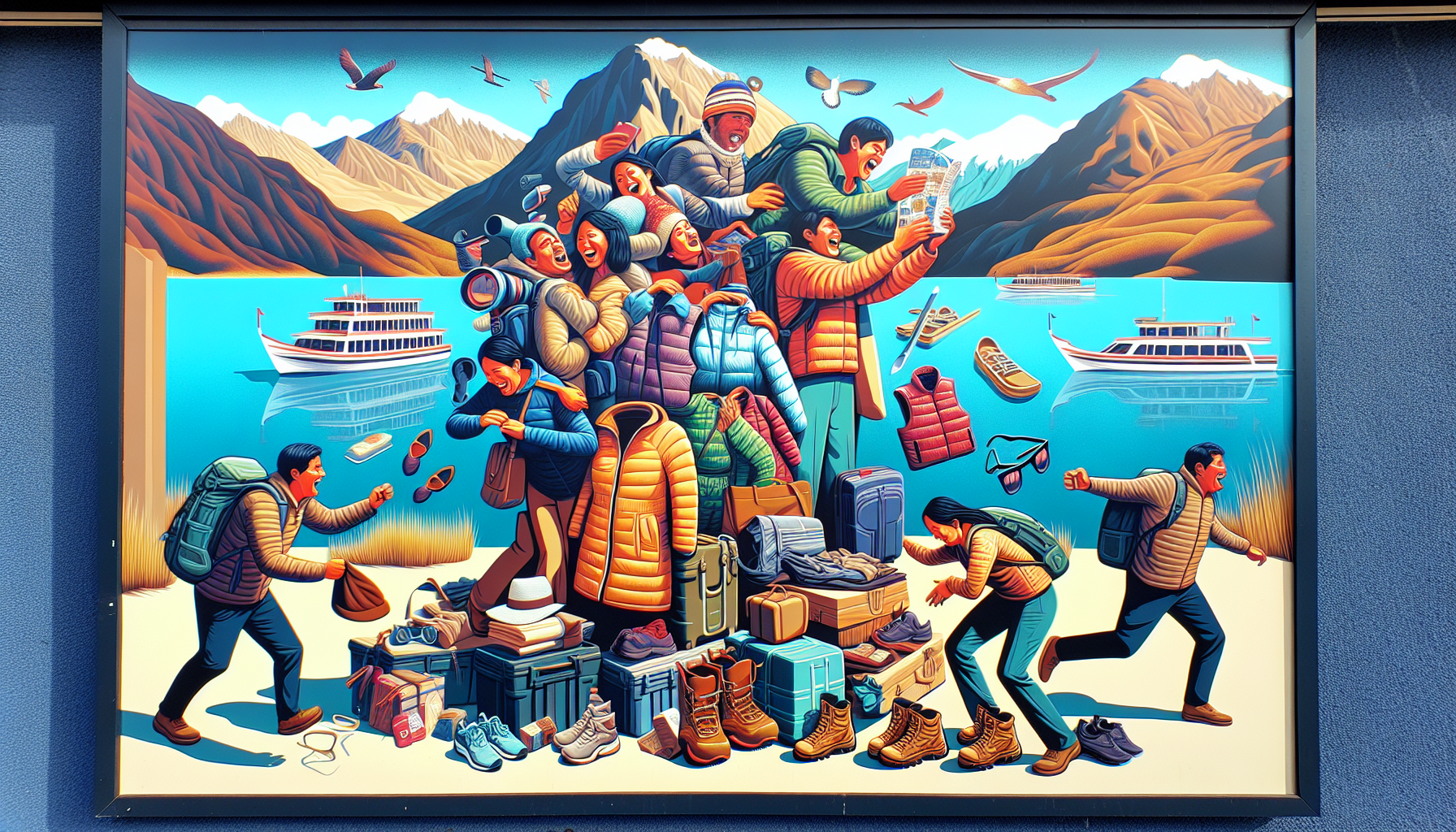 Artistic representation of travelers preparing for a Lake Titicaca adventure